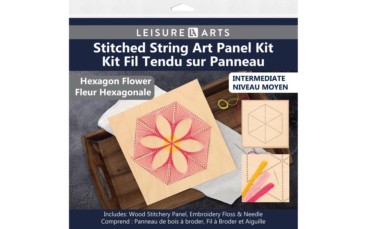 Wood Stitched String Art Kit with Hexagon Flower, wooden stitchery kits for  craft embroidery, perfect for intermediate skill level, completed size is  9.75 x 9.75